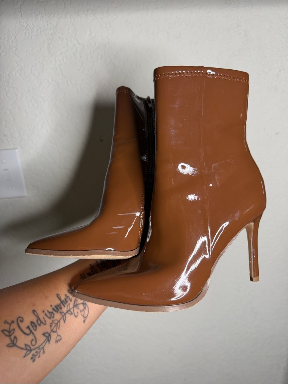 Women's Patent Pointed Toe Ankle Boot in Brown